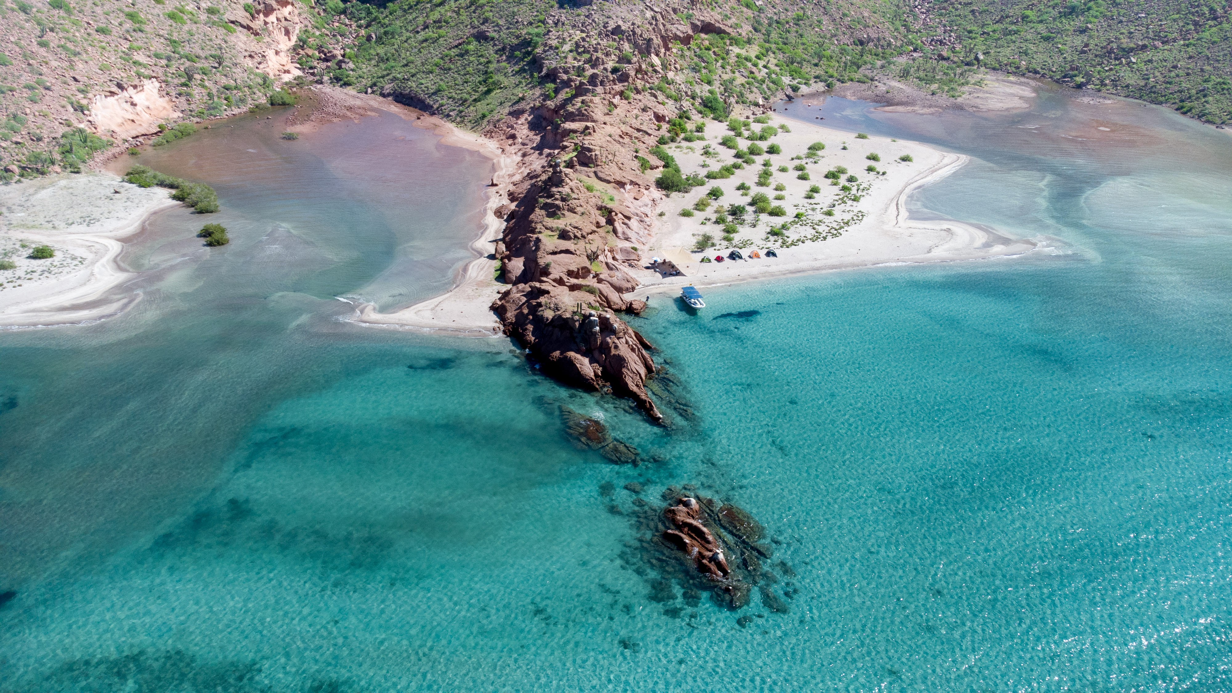 Aerial view of Baja island with turquoise water